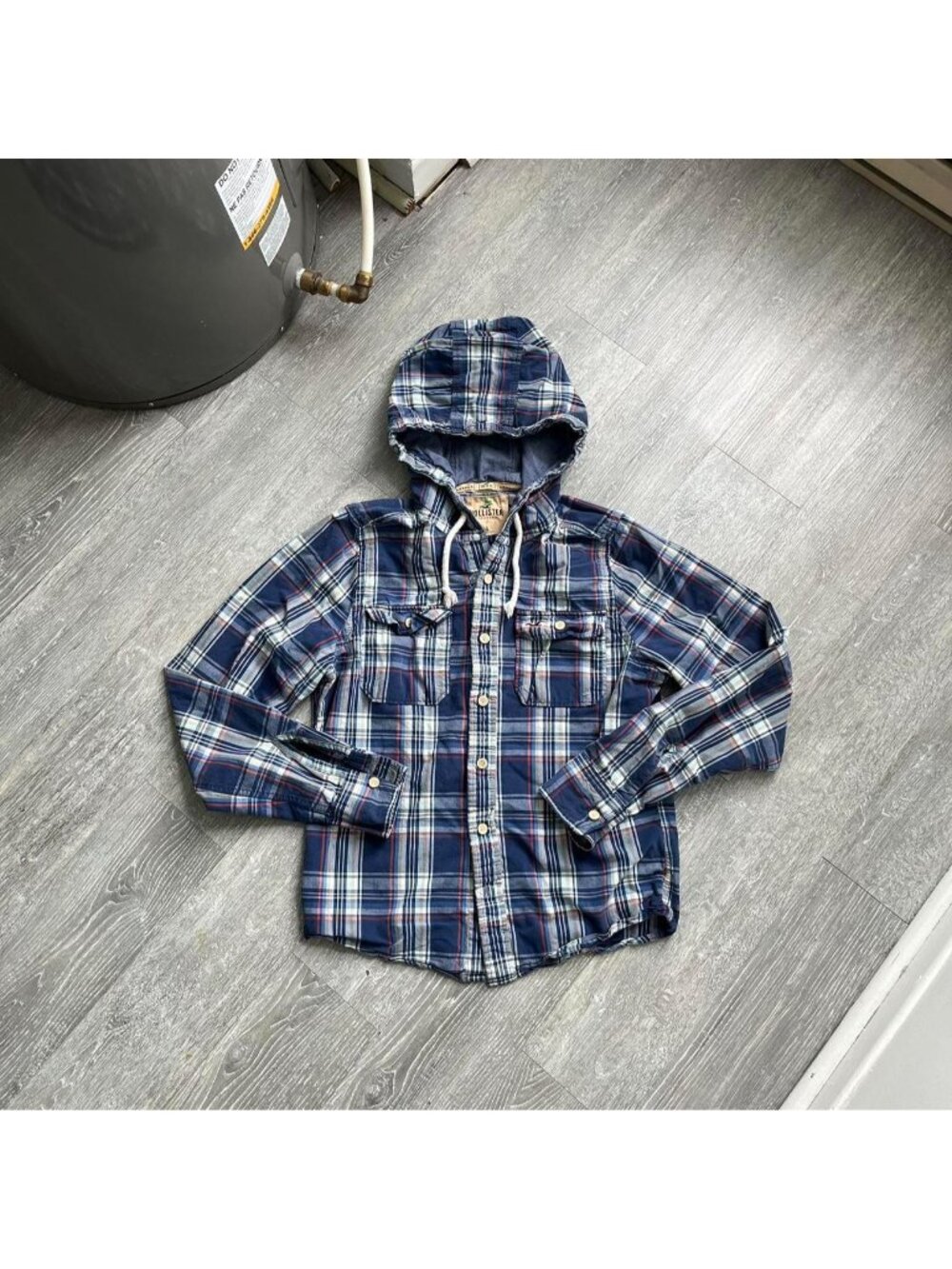 Navy Blue / White Early 2000’s Hollister Hooded Plaid Button-Up Pocket Shirt